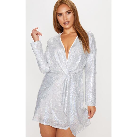 NWT PrettyLittleThing Women’s Silver Sequin Twist Front Party Mini Dress Size M - Picture 1 of 14